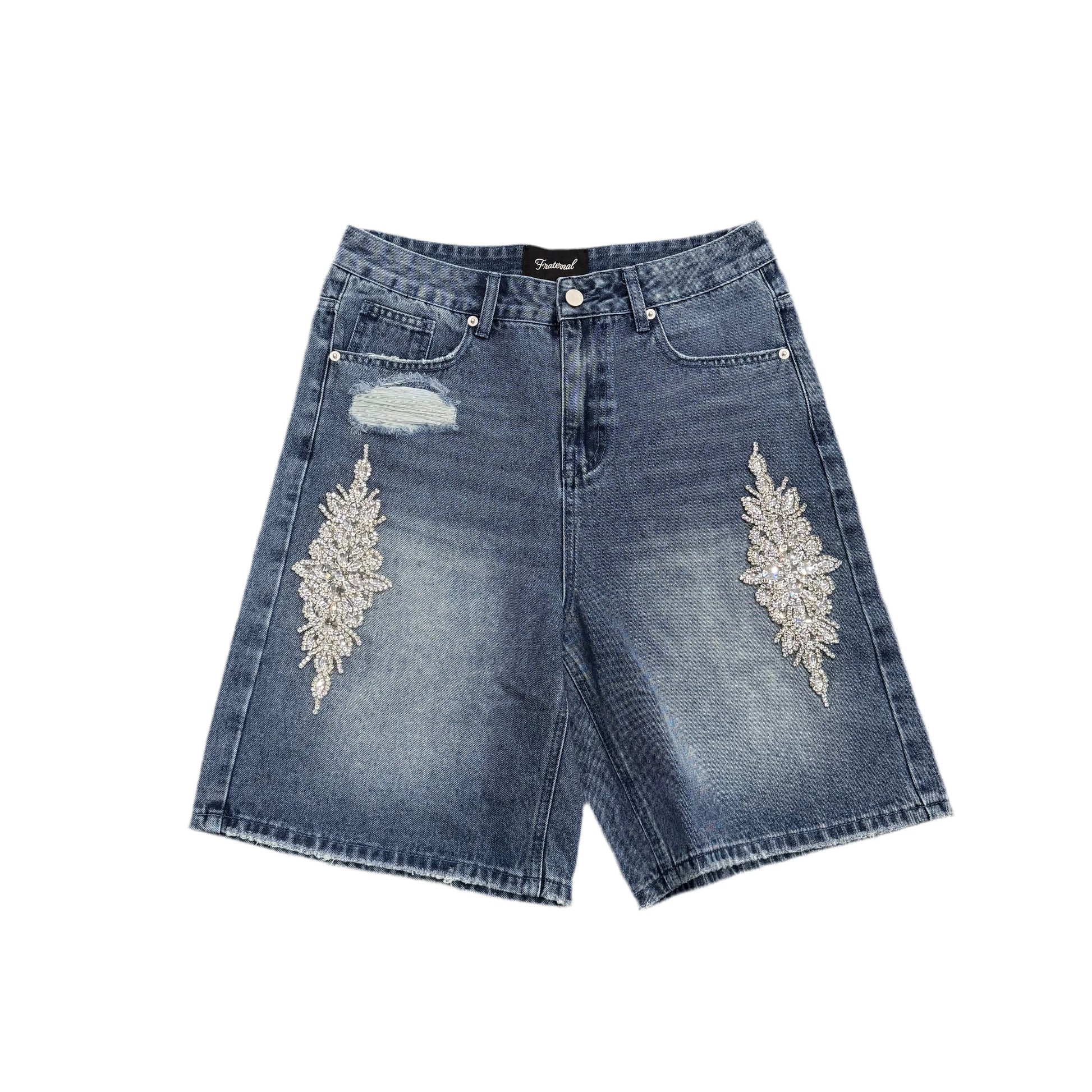 Fraternal Rhinestone Denim Shorts Blue