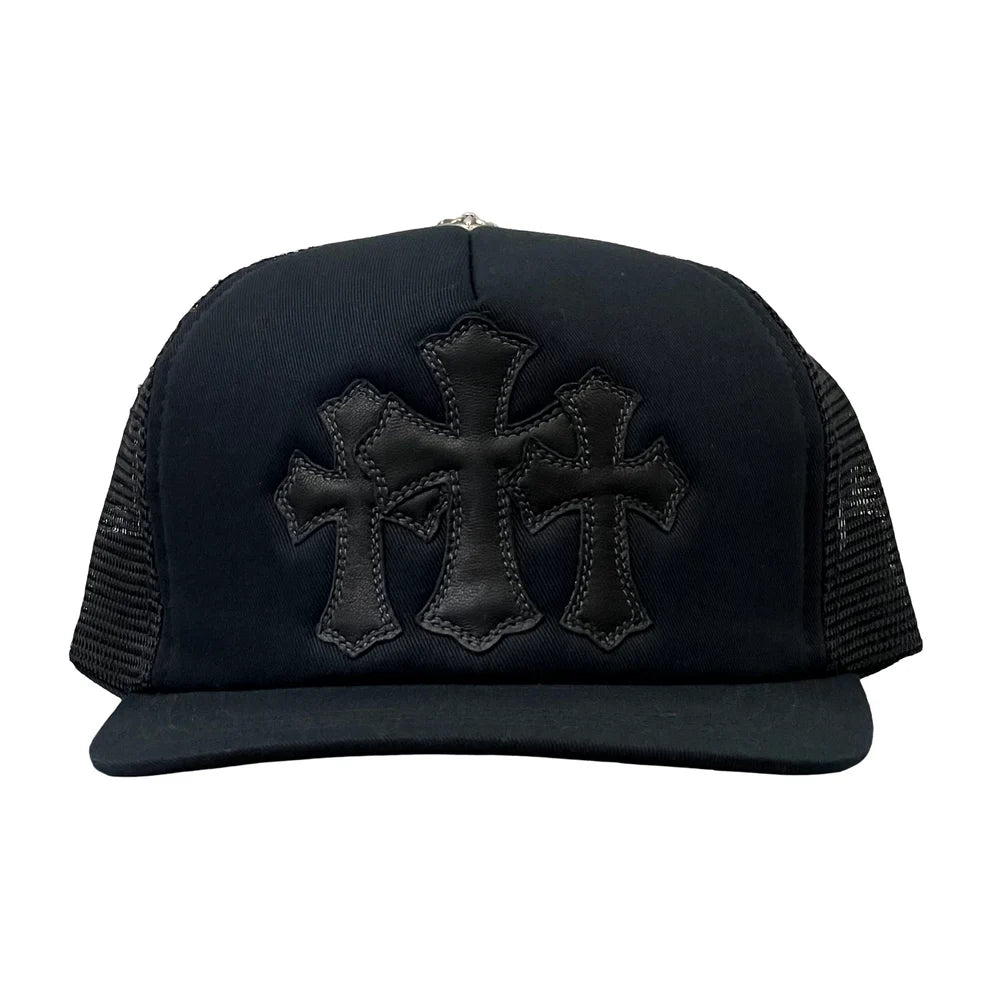Chrome Hearts Leather Cemetery Cross Patch Trucker Hat Black/Black