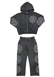 Mixed Emotion Eclipse Rhinestone Sweatsuit Grey Acid Wash